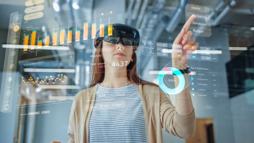 digital marketing 2023 Young,Adult,Female,Using,Futuristic,Augmented,Reality,Application,Interface,For